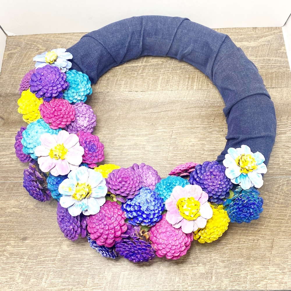 ***Painted Pinecone Floral & Denim Wreath